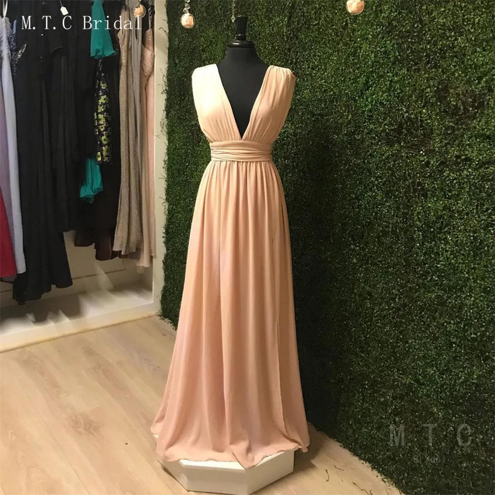 

Elegant Chiffon Evening Dress 2019 A Line V Neck Pleat Long Party Prom Gowns Cheap Vestido De Festa Women Wedding Party Gowns