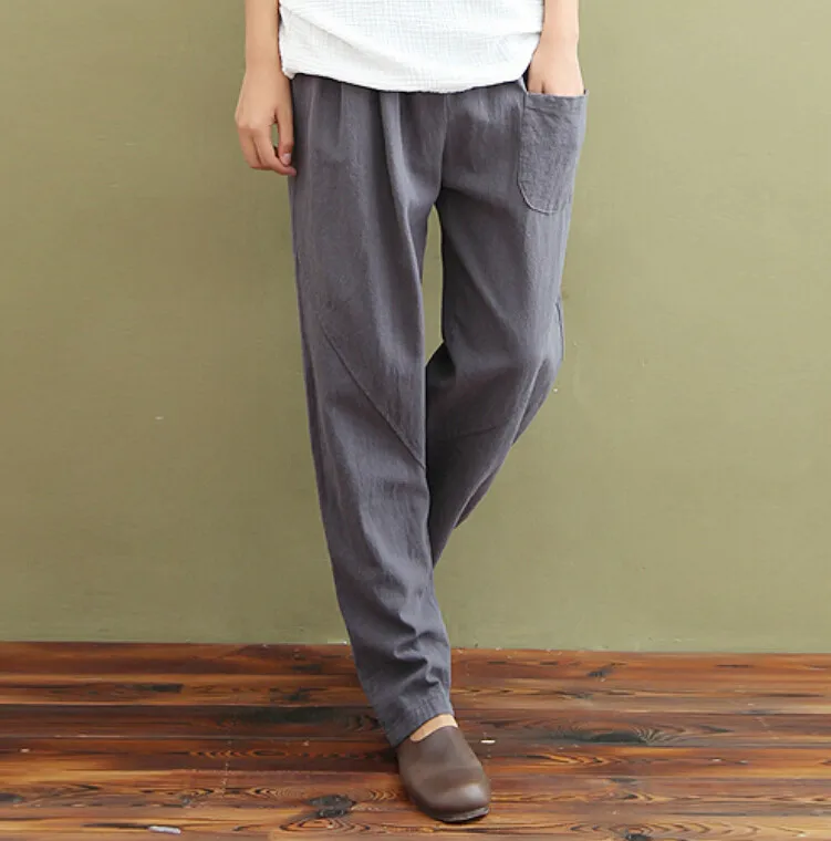 Women Autumn Solid color Linen Pants Maxi Female casual