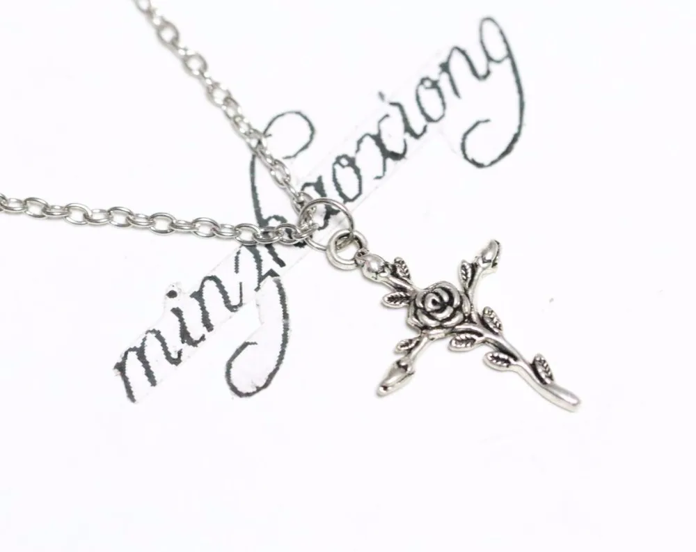 

New Vintage Charms Fashion Antique Silver Alloy Gothic Rose & Cross Pendant Chain Necklace Jewelry Gift (10 pcs)