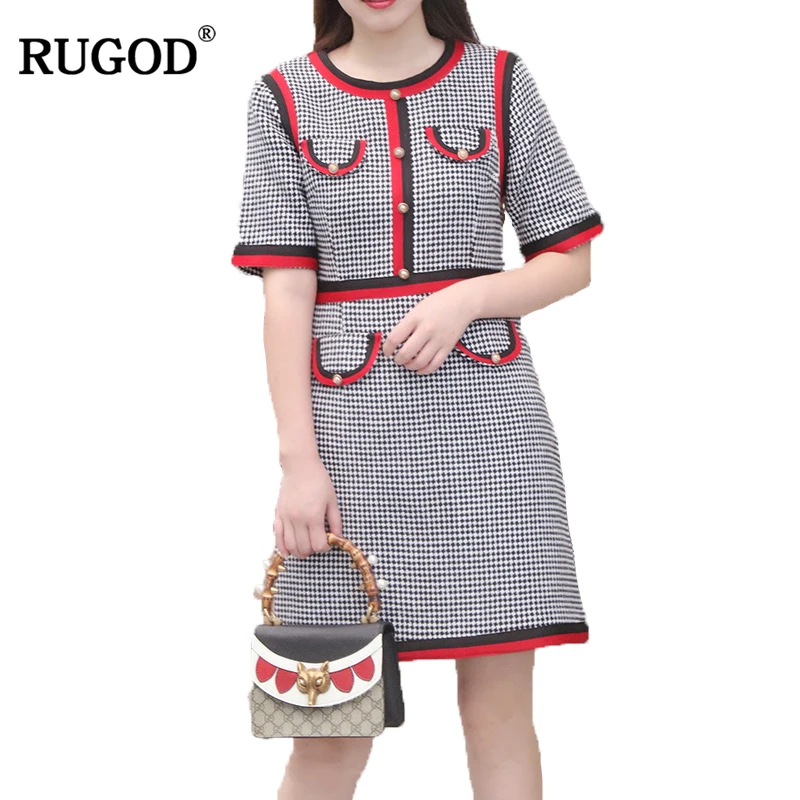 Женское твидовое платье Rugod серое с круглым вырезом и коротким рукавом лоскутное