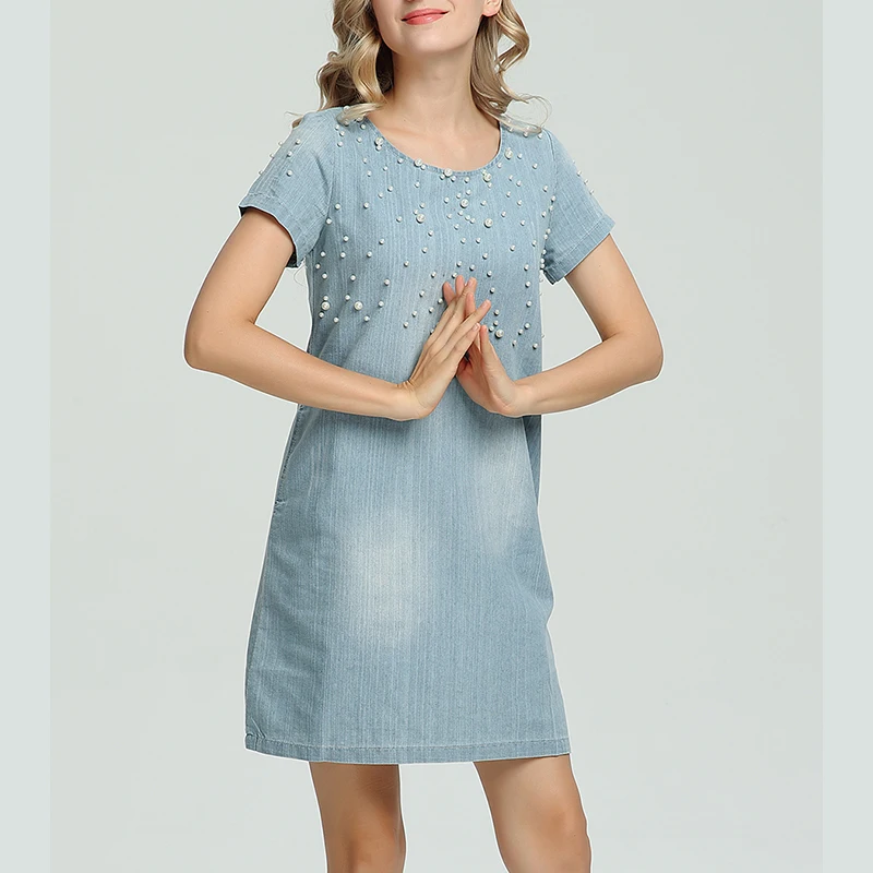 Wonder Beauty Plus Size 6XL Women Denim Sundress Casual Vestido De Festa Curto Summer Jeans Feminino Beaded Party Tunic Dress (5)