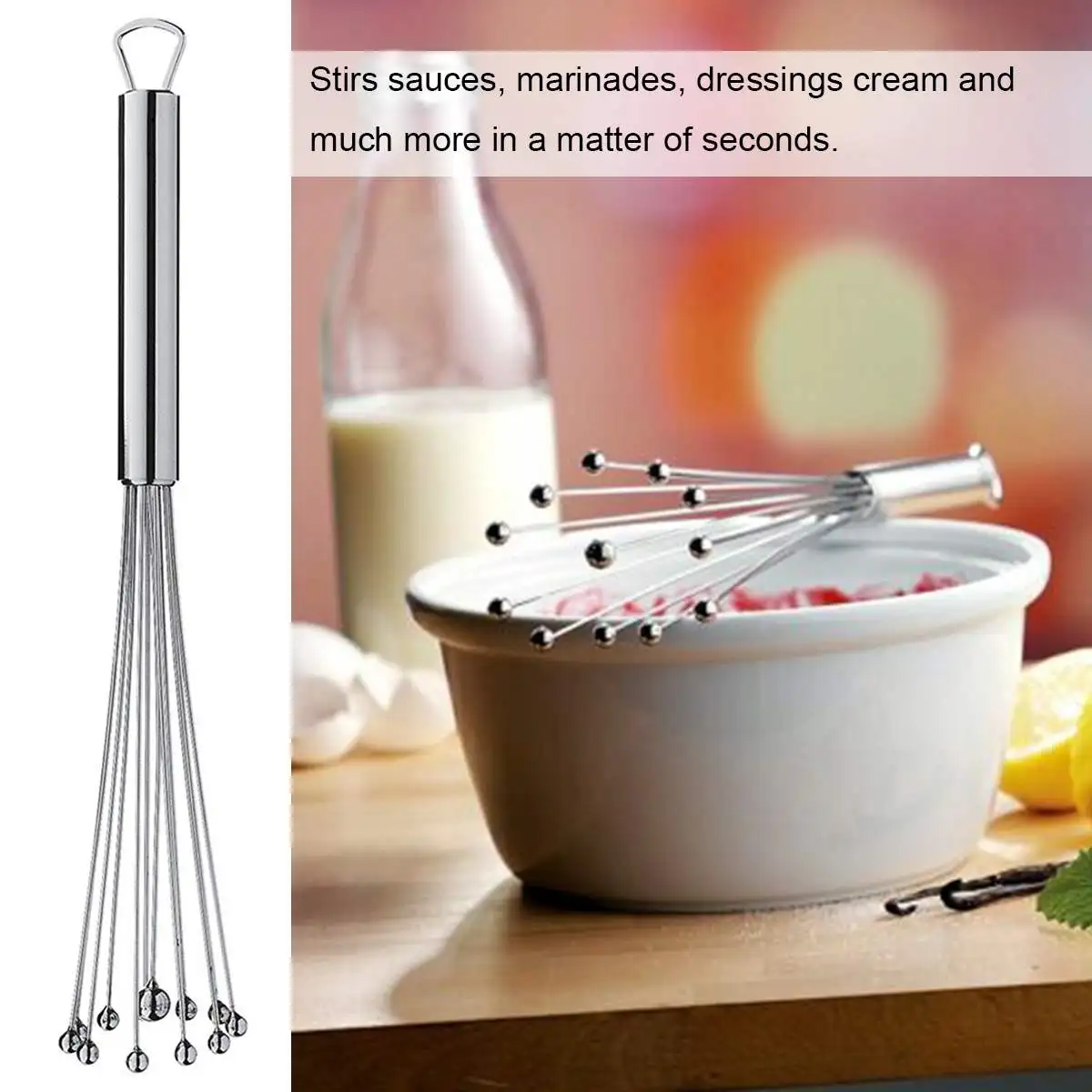 

Stainless Steel Ball Whisk Egg Beater Hand Stirrer Mixer Cream Sauce Whipping 26cm Length 10 Balls and Rods Durable Kitchen Tool