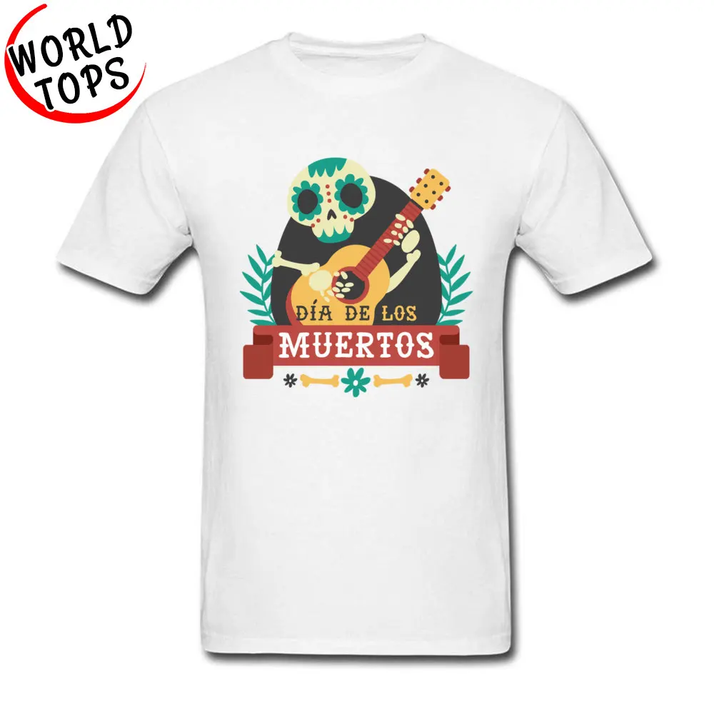 Hip Hop Men Tees Printing comfortable T Shirt Pure Cotton Short Sleeve Casual Tops Shirt O Neck Free Shipping Day Of The Dead Skeleton Guitar  white