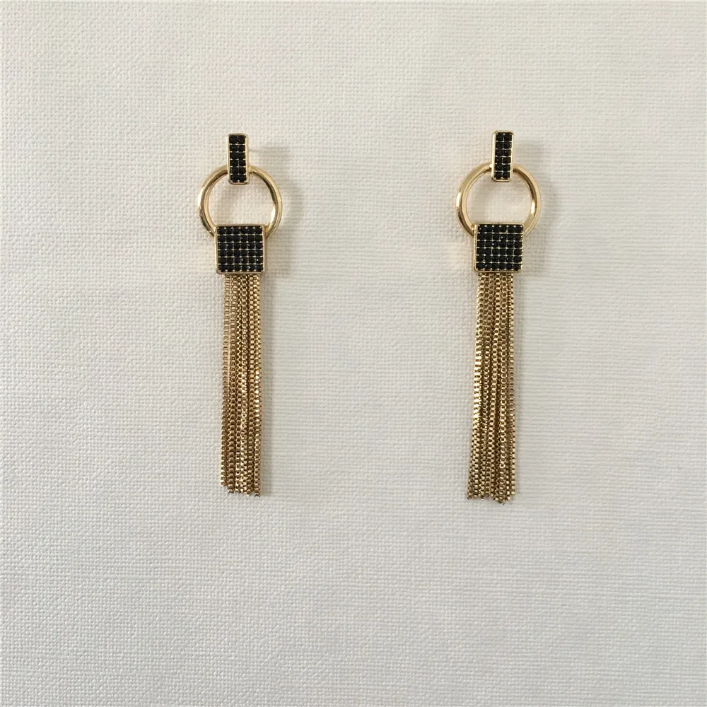 

CLASSIC WOMEN EARRINGS GOLD COLOR PLATING BLACK STONE WITH CHAIN TASSEL DROP EARRINGS