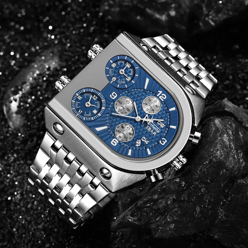 Супер большие часы для мужчин синий циферблат Мужские большие кварцевые часы повседневные спортивные наручные часы из нержавеющей стали ремешок мужские часы Waches