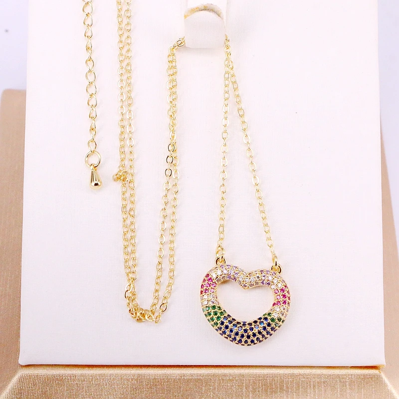 

5PCS, Multi Colorful Pendant Necklaces Fashion Gold Color Rainbow Crystal Sparking Zirconia Heart Pendant and Chain Necklace