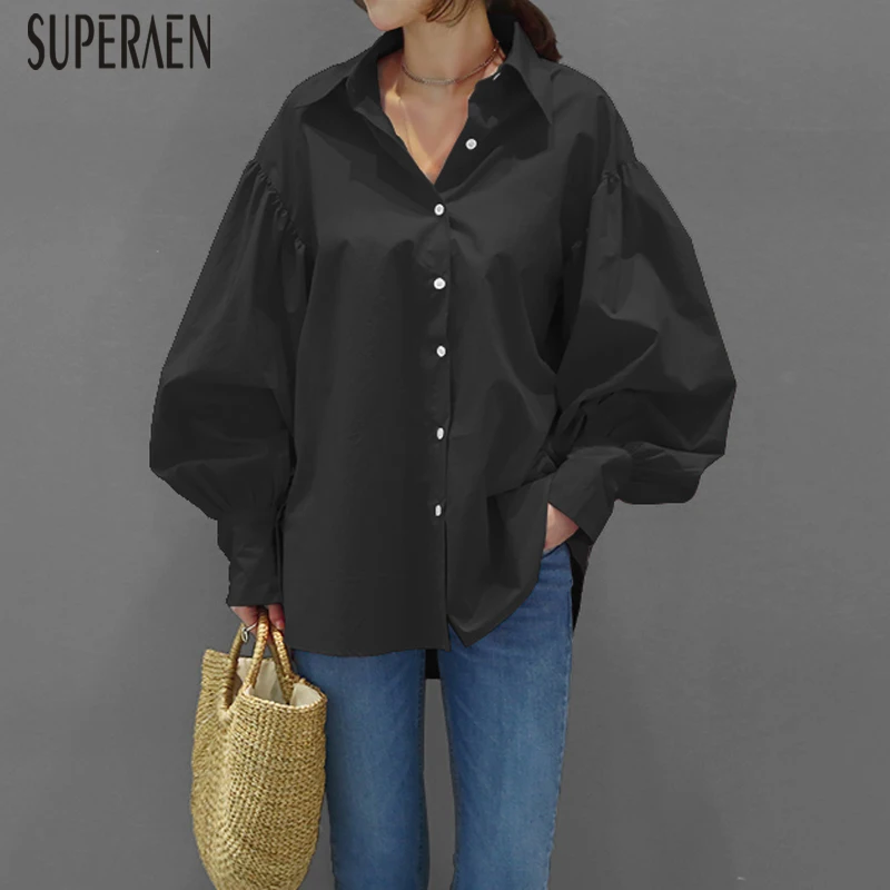 

SuperAen 2019 Spring and Autumn New Cotton Women Shirts Solid Color Casual Blouses and Tops Wild Long Sleeve Women Clothes