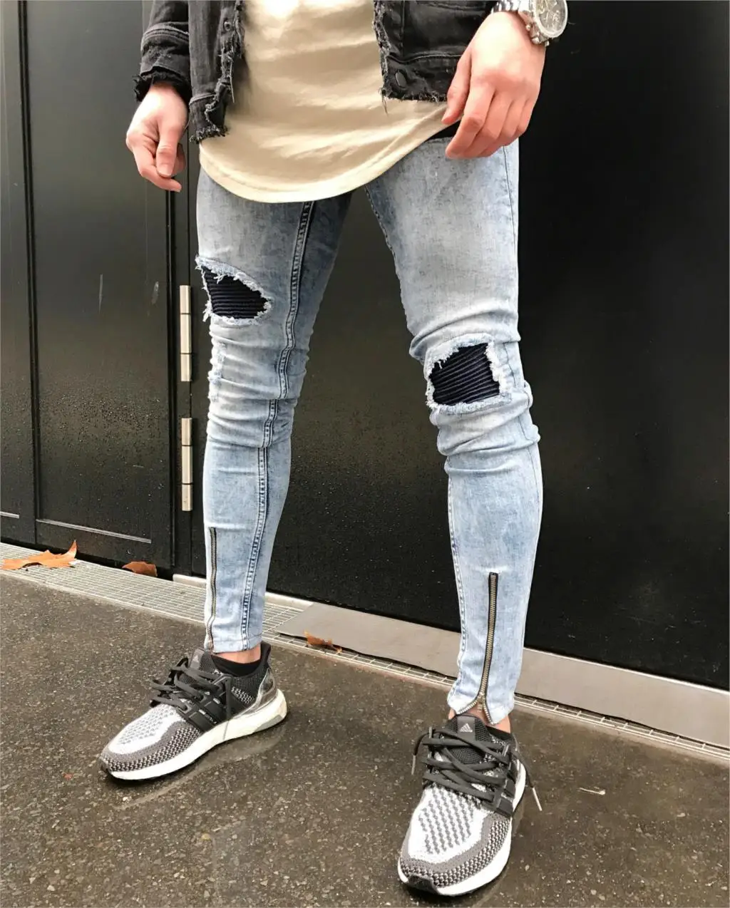 

New Men's Super Skinny Slim Fit Zipper Denim Pant Fashion Vintage Ripped 80s Jeans Destroyed Frayed Style cotton Pants