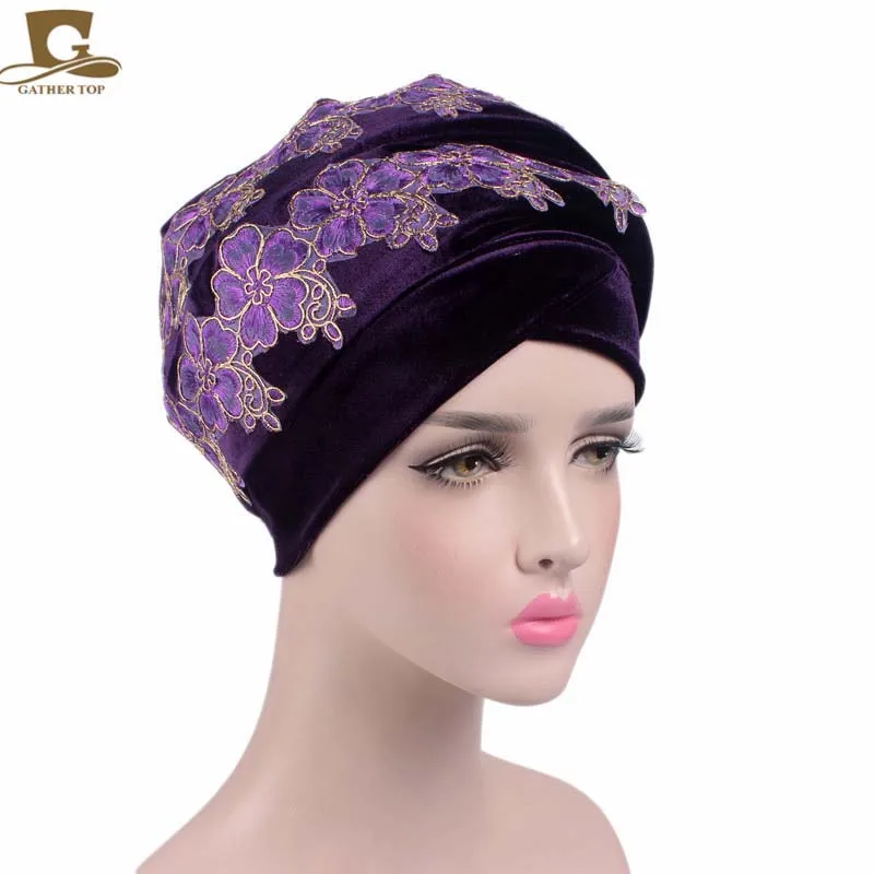 Роскошный 3D цветок бархат нигерийский тюрбан длинная голова обертывание головы обертывание стильный шарф-снуд на голову, хиджаб Кепка