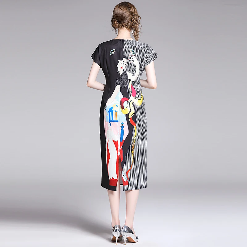 Модное дизайнерское подиумное платье, летнее женское платье с коротким рукавом в винтажном стиле, абстрактное красивое платье с бисером, облегающее платье миди с разрезом