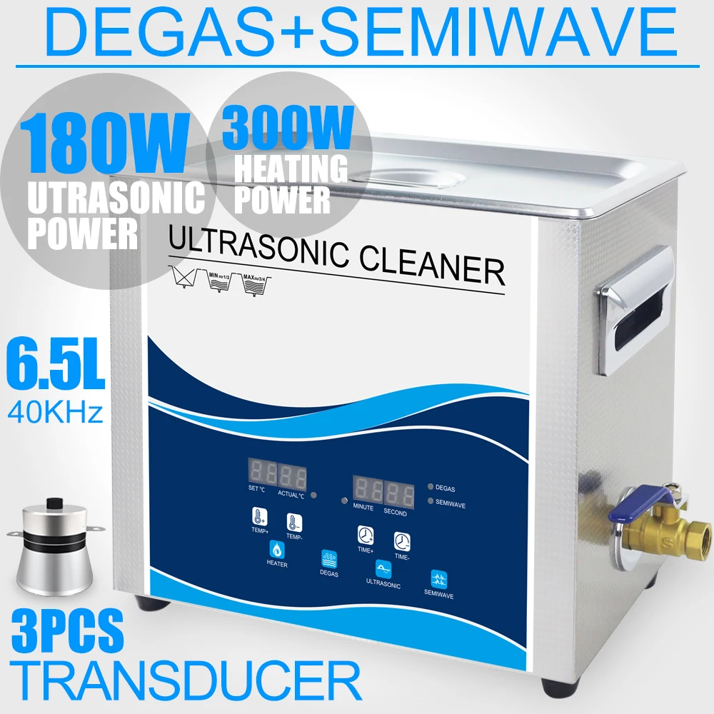 Ultrasonic Cleaner Bath 6.5L 180W/90W SEMI WAVE 40KHZ Degas Heated