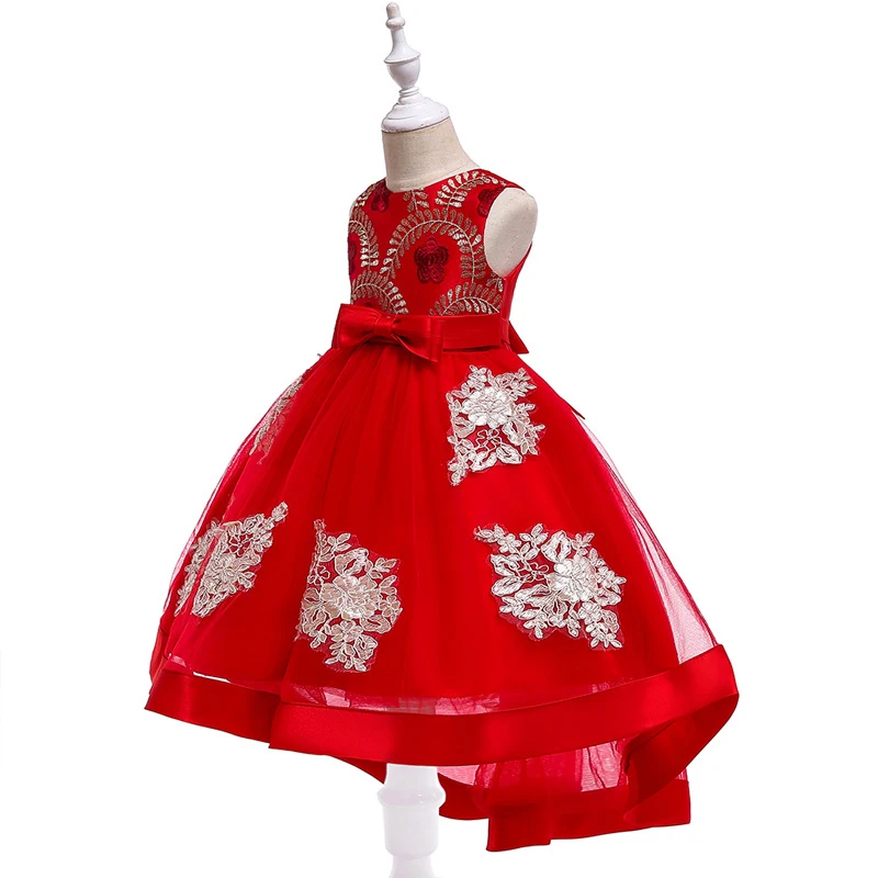 

2019 New Year's girls clothing fashion tuxedo red trailing dress gold thread embroidery mesh wedding dress princess dress LF-09