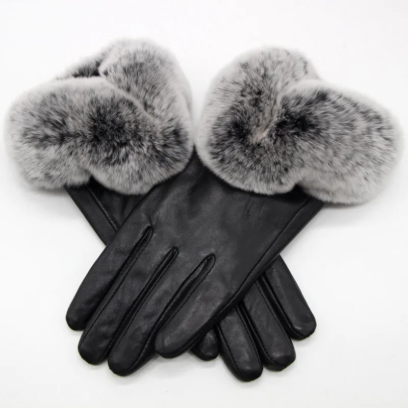 

JKP 2018 new ladies gloves wrist wool lining fashion leather sheepskin gloves female models driving rabbit fur warm gloves ST-13