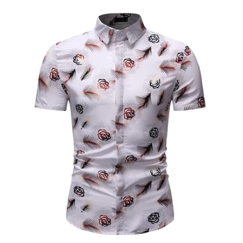 

YASUGUOJI New 2019 Summer Mens Casual Floral Print Short Sleeve Shirt Mens Hawaiian Shirt Fashion Luxury White Dress Shirt Men
