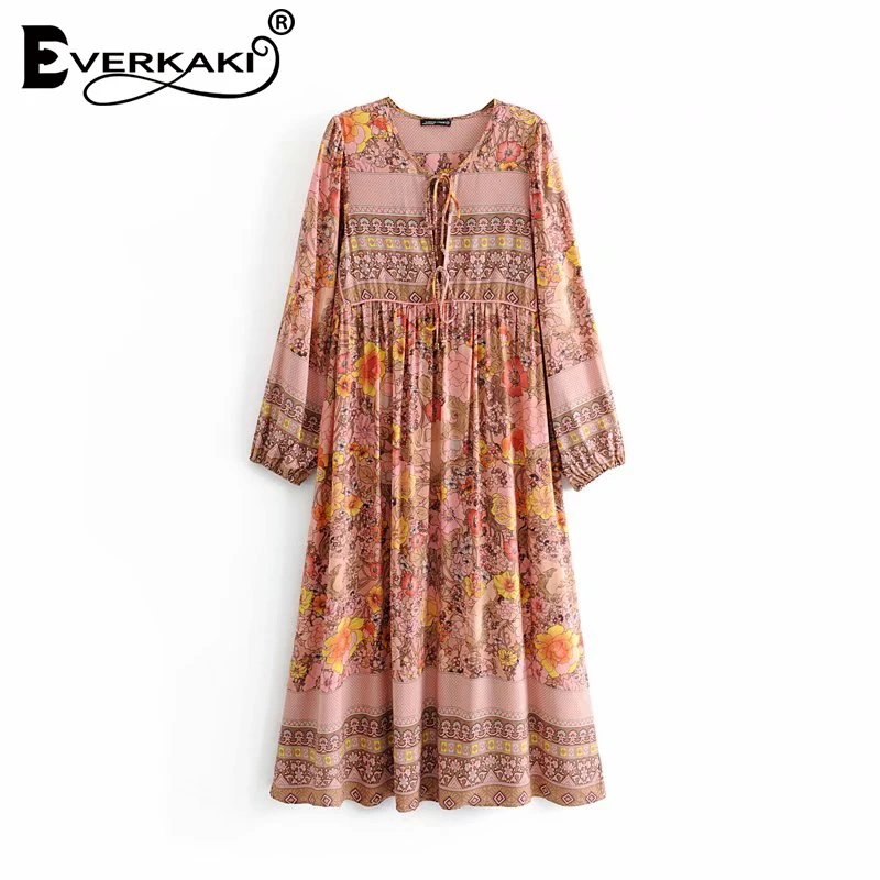Платье Everkaki Boho женское повседневное с цветочным принтом свободные на шнурках