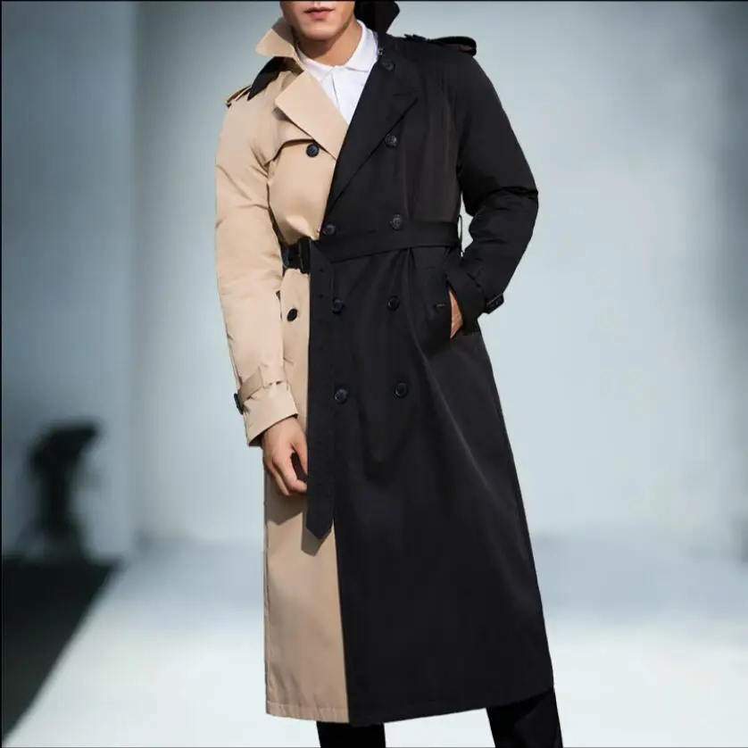 

Autumn and winter trench men's Korean stitching windbreaker casual England double-breasted lapel singer stage long cloak coat