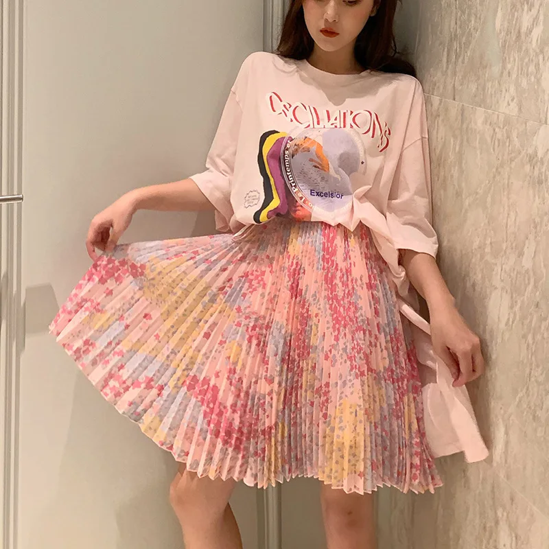 

[EWQ] 2019 Summer New Print Loose Side Slit Short-sleeved T-shirt + Elastic Waist Casual All-match Women Pleated Skirt QJ93411