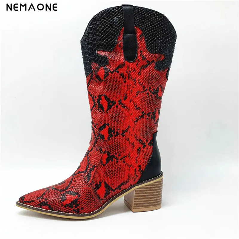 

2019 new Fashion Embossed microfiber Leather Women Mid-calf Boots Toe Western Cowboy Boots Chunky High Heels Motorcycle Boots si