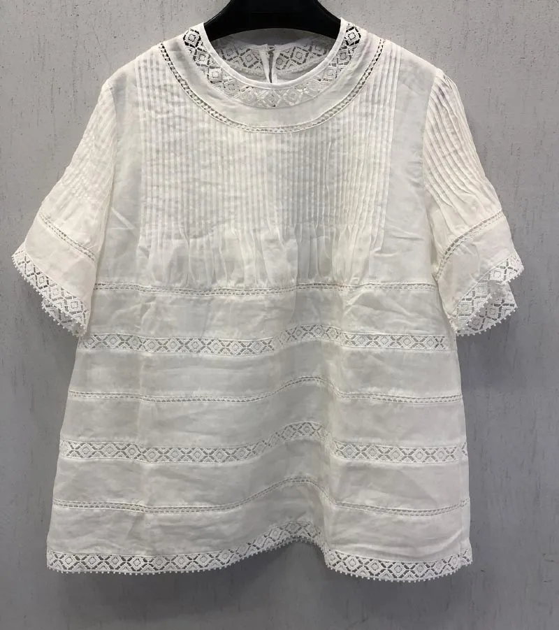 

White Black Cotton Linen Blouse Top Round Neck Embroidered detail With pleats Short Flared Sleeved