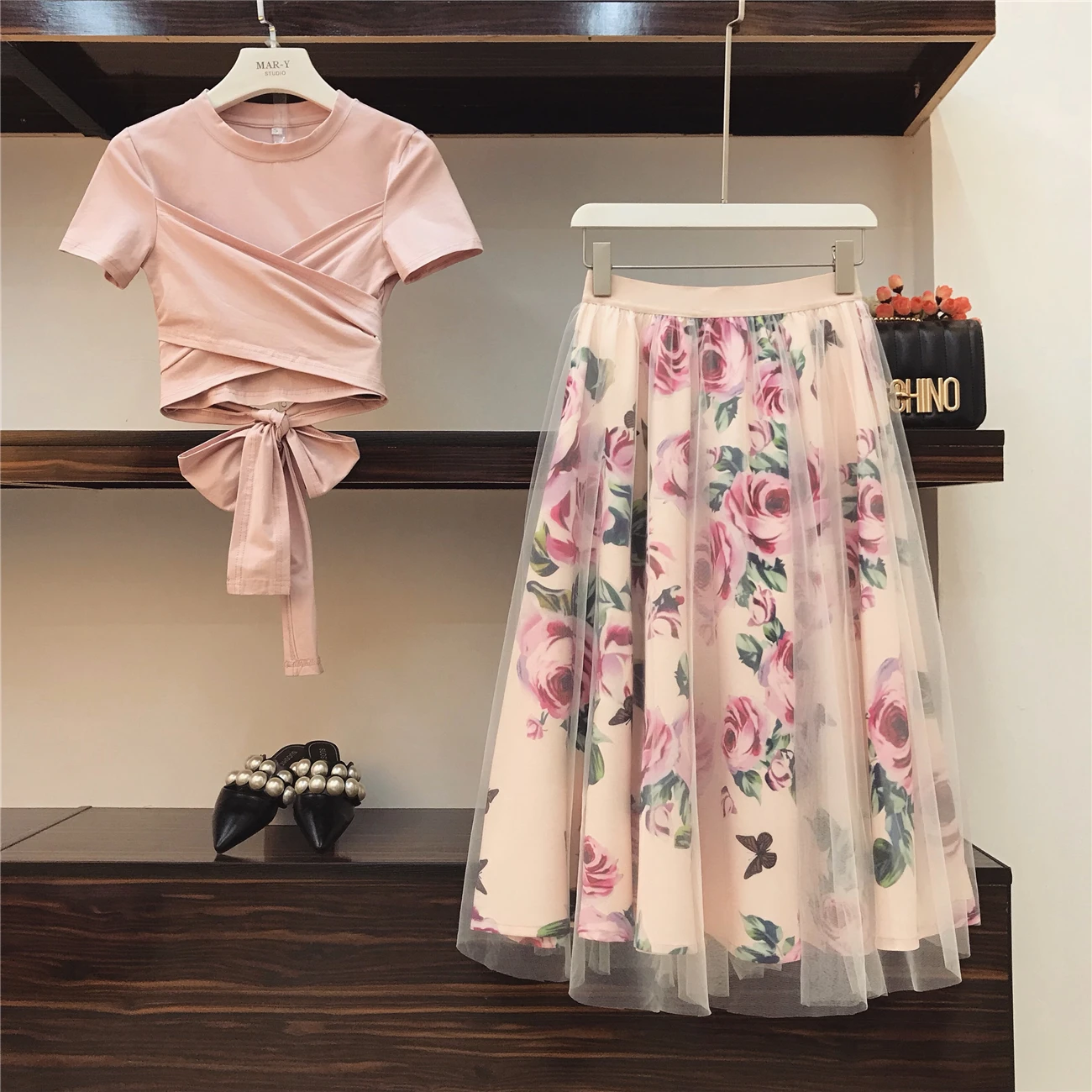 shirt Arc Pink Robes Cravate T Nouvelle D'été Imprimer noir Ensembles Sleeve pièces 2018 Croix Femmes Irrégulière Fille rose Fleur Jupe Mode Long Vintage Lady Deux xqYnwzHR