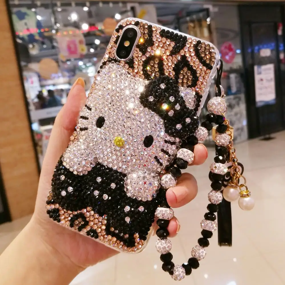 Для iphone X 3D с украшениями в виде кристаллов чехол для iphone 7/8 plus жемчуг KT cat DIY чехол для телефона для iphone xsmax 6 6splus роскошный fundas - Цвет: case and strap