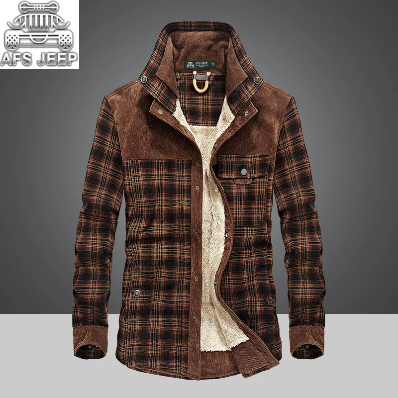 Winter Snow Warm Men Shirts Thick lined Plaid Plus Size 4XL Brand AFS ZDJP 100% Cotton 2018 New Windbreaker Casual Male Blouses