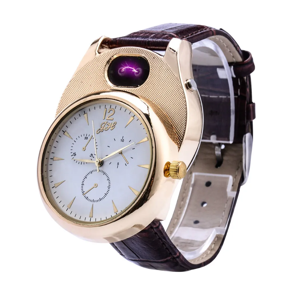 Cigarette Lighter watch Men USB rechangeable Casual Quartz Watch fashion Arc Flameless Lighter Wristwatches clock JH338