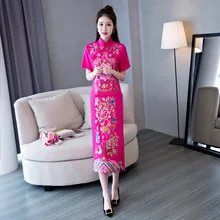 New Red Cheongsam Long Qipao Dress Traditional Chinese Dresses Robe Longue Chinoise Oriental Collars Retro Dressing Gown