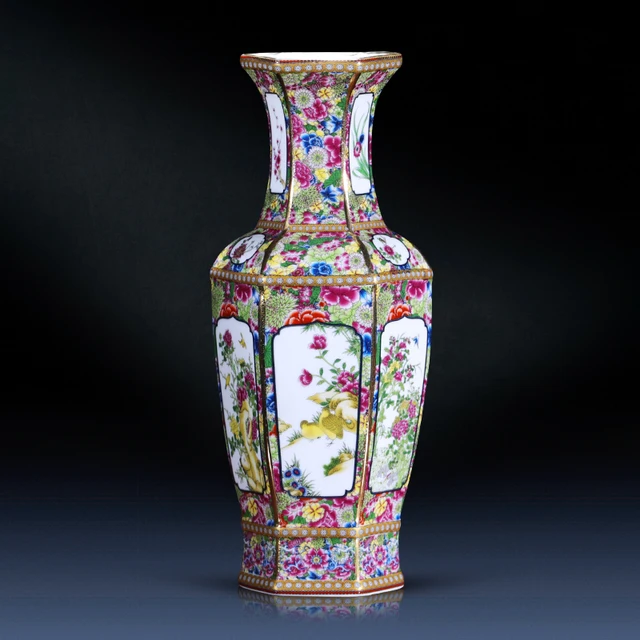 Qing Qianlong Antique Ceramic Vase Enamel Gilt Hexagon Vase With Flower Antique Porcelain Ancient Porcelain Collection 6