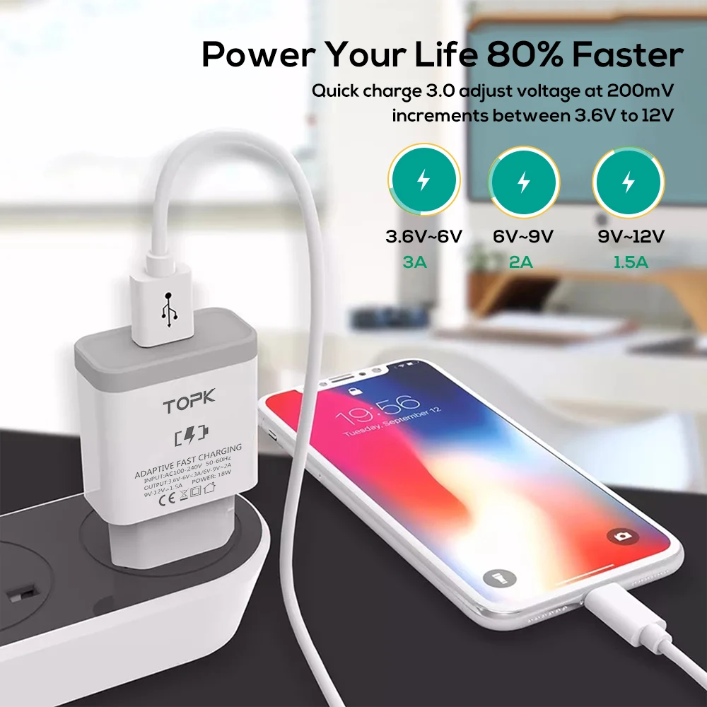 Topk быстрый usb Зарядное устройство 18 Вт Quick Charge 3.0 Мобильный телефон ЕС Plug стены USB