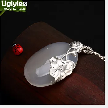 

Uglyless 100% Real Solid 925 Sterling Silver Handmade Lotus Leaf Pendants Necklaces NO Chains Oval Chalcedony Pendant Gemstones