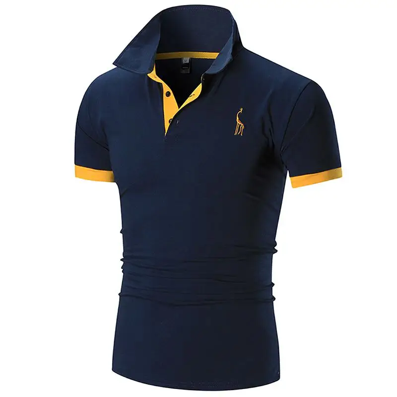 Мужская брендовая рубашка поло с коротким рукавом, Повседневная тонкая Однотонная рубашка поло с вышивкой оленя - Цвет: Тёмно-синий
