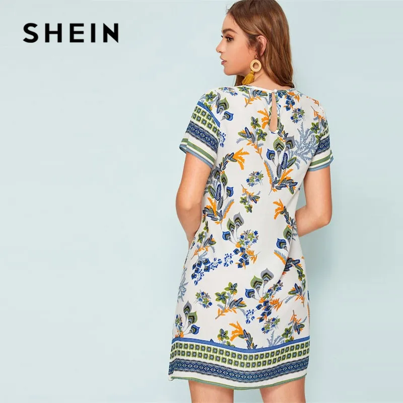 SHEIN летнее женское платье-туника с разноцветным принтом и замочной скважиной на спине,, короткий рукав, круглый вырез, бохо платье, прямое свободное мини-платье