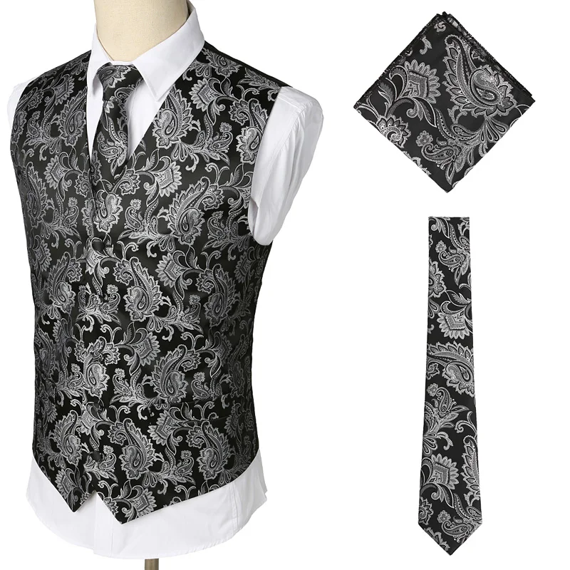  Men's Hipster Paisley Jacquard Waistcoat Vest Handkerchief Business Party Wedding Suit Vest Necktie