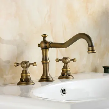 

European Kitchen Faucets Bronze Brass Brushed Bathroom Faucet Doubles Handles Three Hole Sink Taps Hot Cold Water Deck Mounted