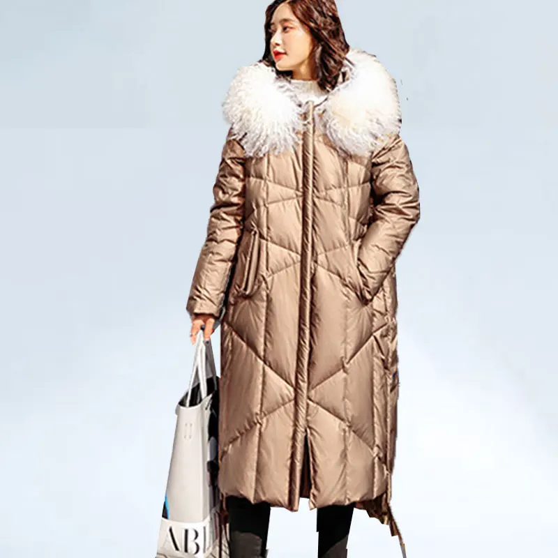 

2019 Winter Duck Down Coat Women Natural Fur Hooded Warm Down Jacket Waterproof Bright Winter Long Coat Women Jacket parkas 627
