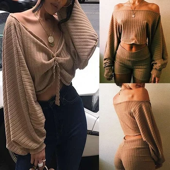

Summer Autumn 2019 Female Sexy Knitted Sweater Solid Long Sleeve Off-shoulder V-Neck Outwear Warm Sexy Kniten Female Sweater