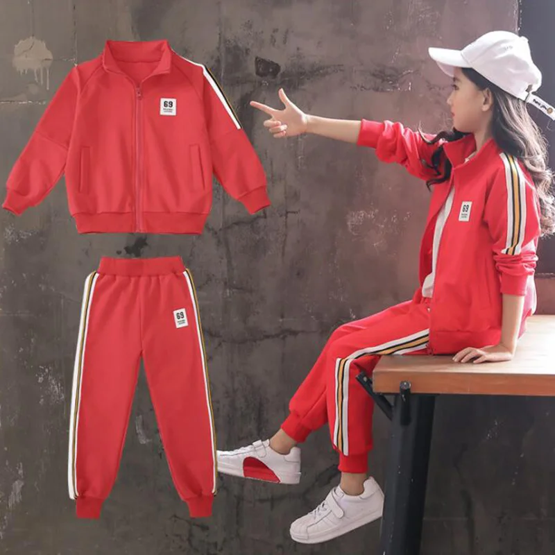 

2019 spring girls sport set children two-piece set kids long sleeve red green black jacket +pant clothes for girls clothing