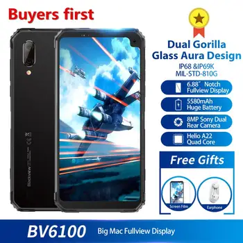 Перейти на Алиэкспресс и купить Смартфон Blackview BV6100 Dual Gorilla 6,88 дюйма, MT6761, 3 Гб + 16 ГБ, Android 9,0, IP68 водонепроницаемый, 5580 мАч, NFC, 4G мобильный телефон, 2019