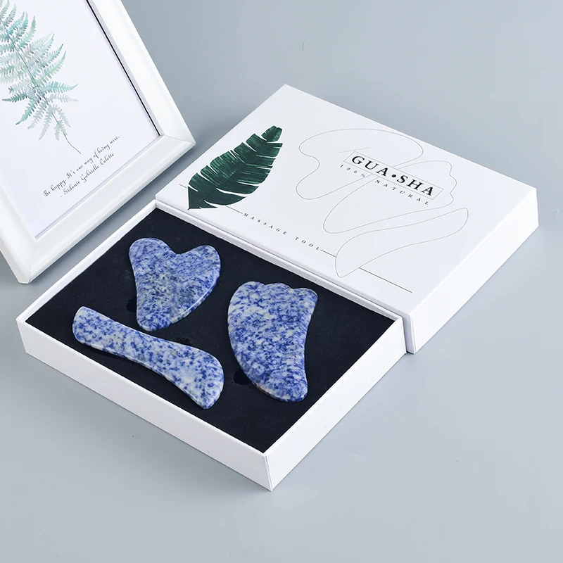 

Natural Sodalite Face Jade Gua Sha Scratch Crystal Stone Massage Back Head Foot Scraper Acupuntura Gouache Massager Tool Box
