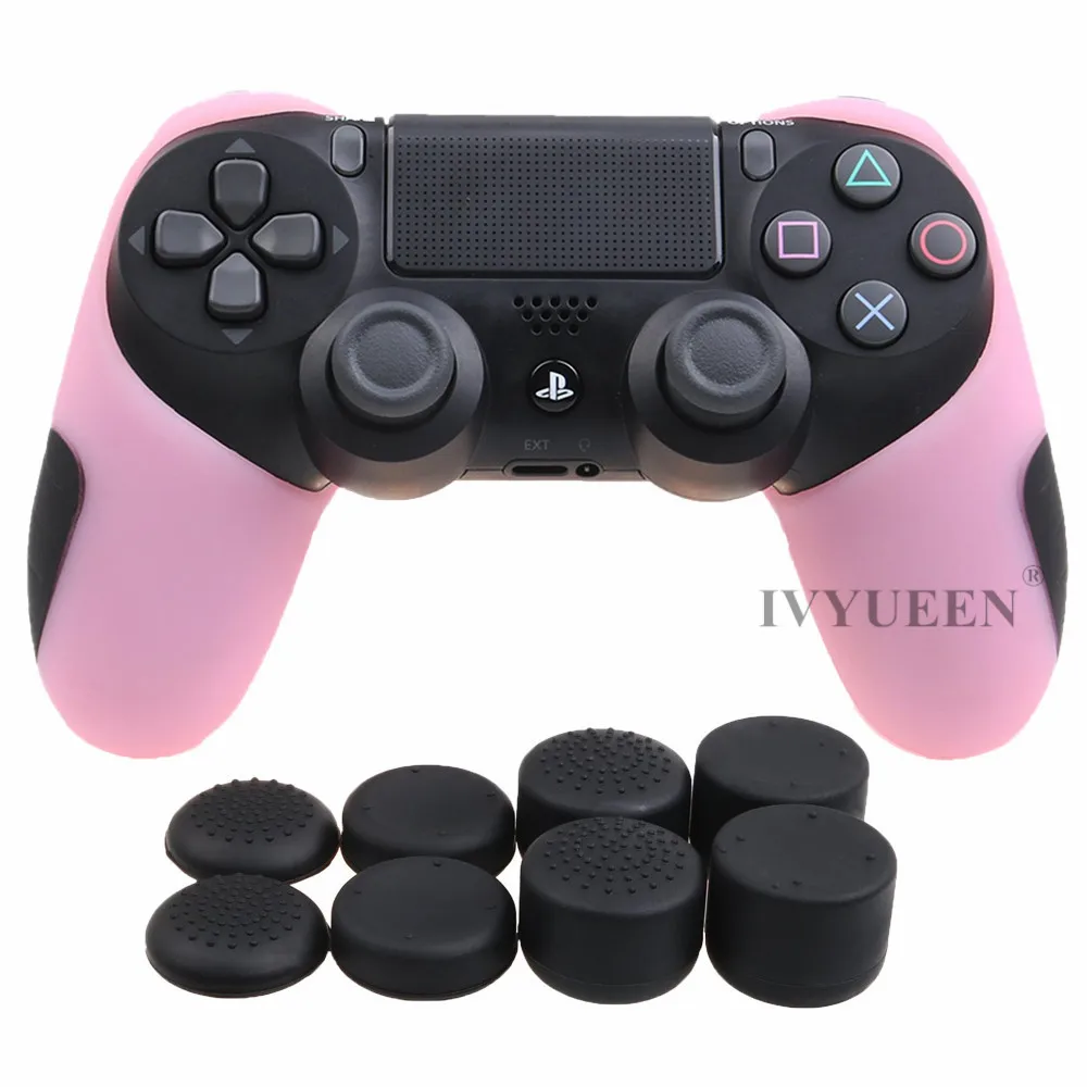 IVYUEEN Толстая Половина кожи для playstation Dualshock 4 PS4 Pro тонкий контроллер силиконовый чехол с 8 колпачками - Цвет: Розовый