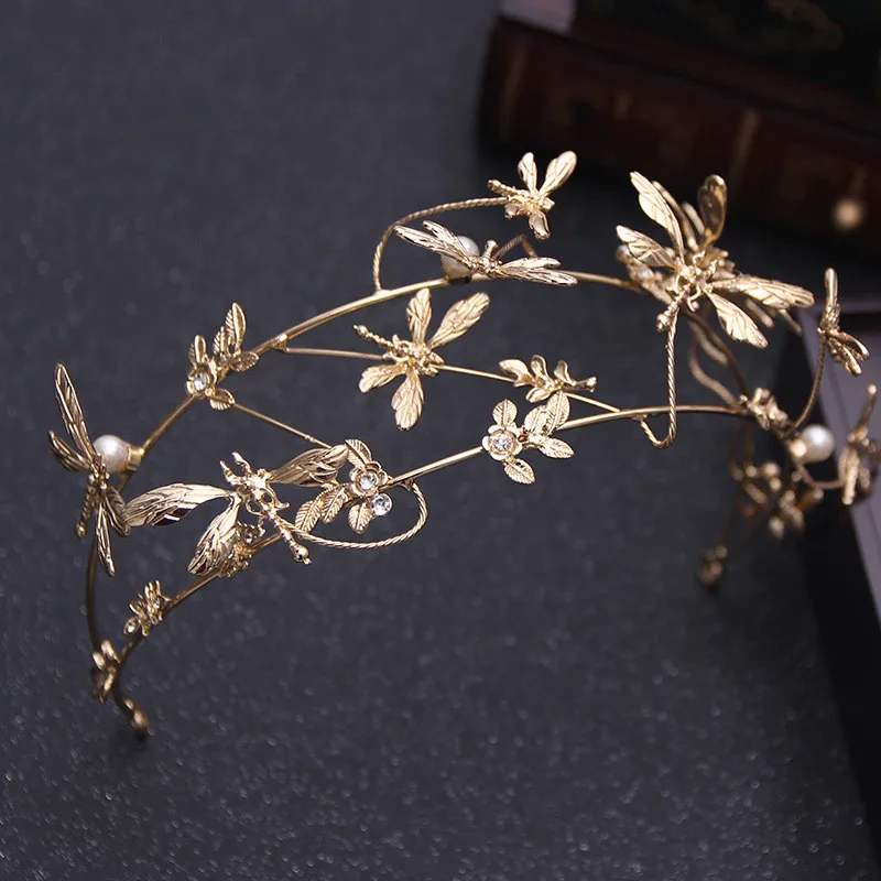 Baratos Mamojko moda novia Tiara diamantes de imitación perla dorada libélula corona para novia para Mujer Accesorios para el cabello joyería