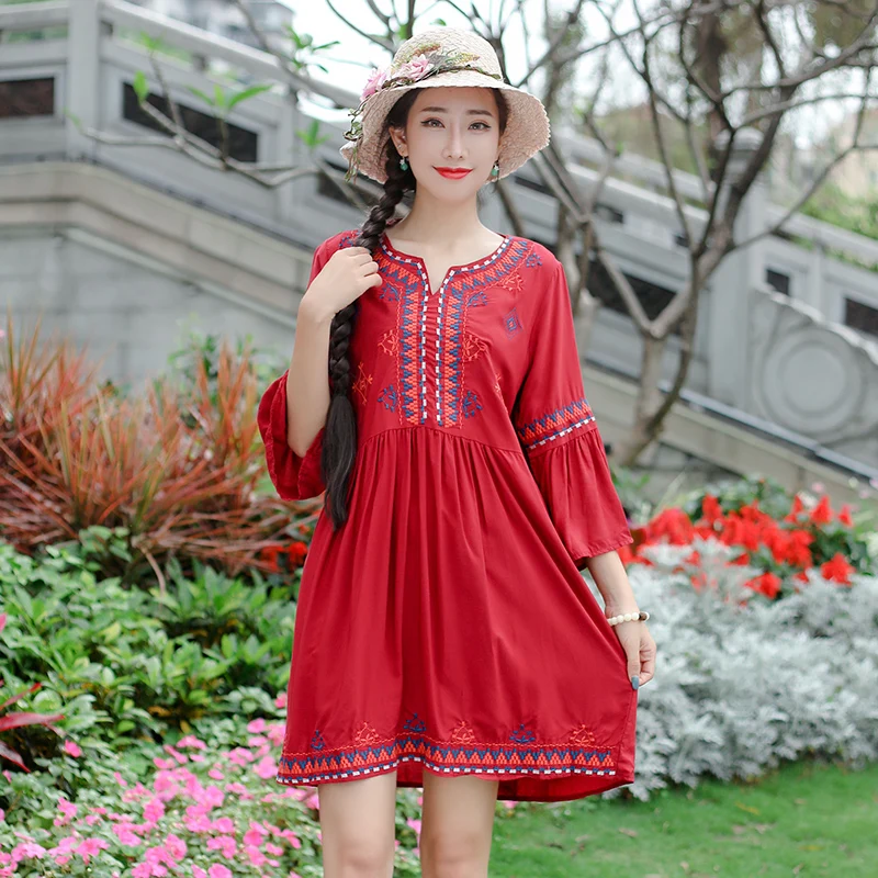 

women dress robe femme 2019 female Mexico style ethnic vintage three quarter sleeve black white red embroidery one-piece dress