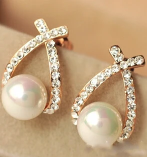 2017 Crystal Rhinestone simulated pearl Bowknot Design Girls Ear Stud Earring Earing Fashion Jewelry Women earrings e0156