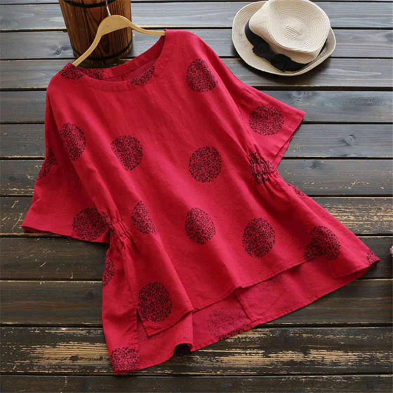 

Plus Size 2019 Women Summer O Neck Short Flare Sleeve Loose Blouse Casual Baggy Ruffles Shirt Floral Printed Party Work Top
