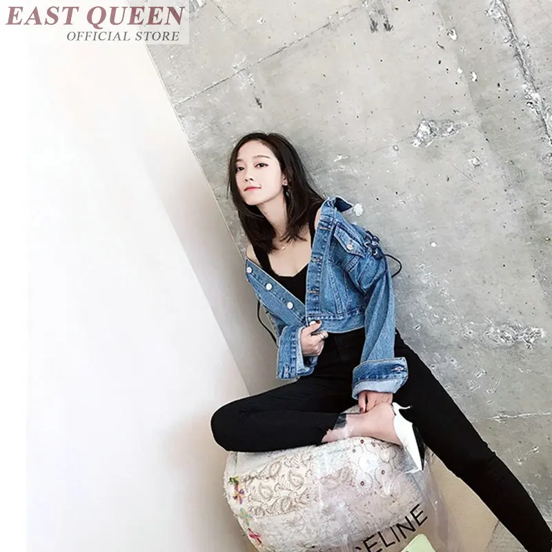 

Jeans jacket for outerwear full sleeve slim solid denim tops turn-down collar lace up pockets fashion basic jacket DD726 L