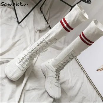

White Black Stretch Knit Sock Boots Women Lace Up Stripe Knee High Platform Boots Fashion Breathable Woven Casual Shoes Woman