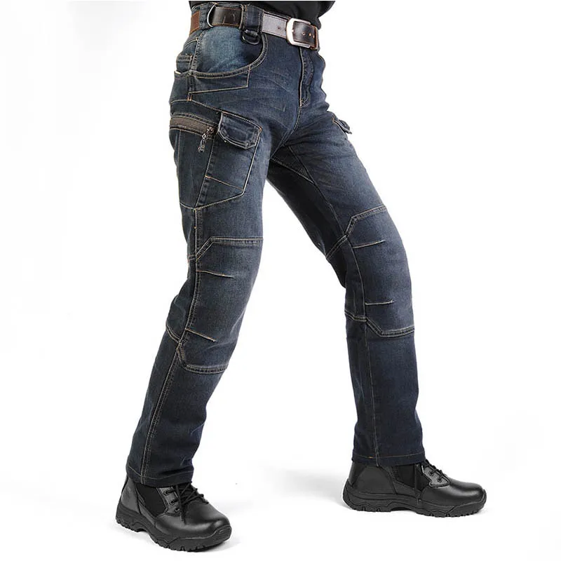 Mcikkny Men's Cargo Casual Jeans Pants With Multi-pockets Motorcycle Denim Trousers Military Style For Men's Outdoor Jeans Blue (14)