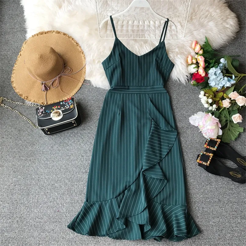 

Slim Ruffles V Neck Striped Print Sexy Summer Spaghetti Strap Midi Long Dress Irregular Women Casual Beach Asymmetrical Vestidos