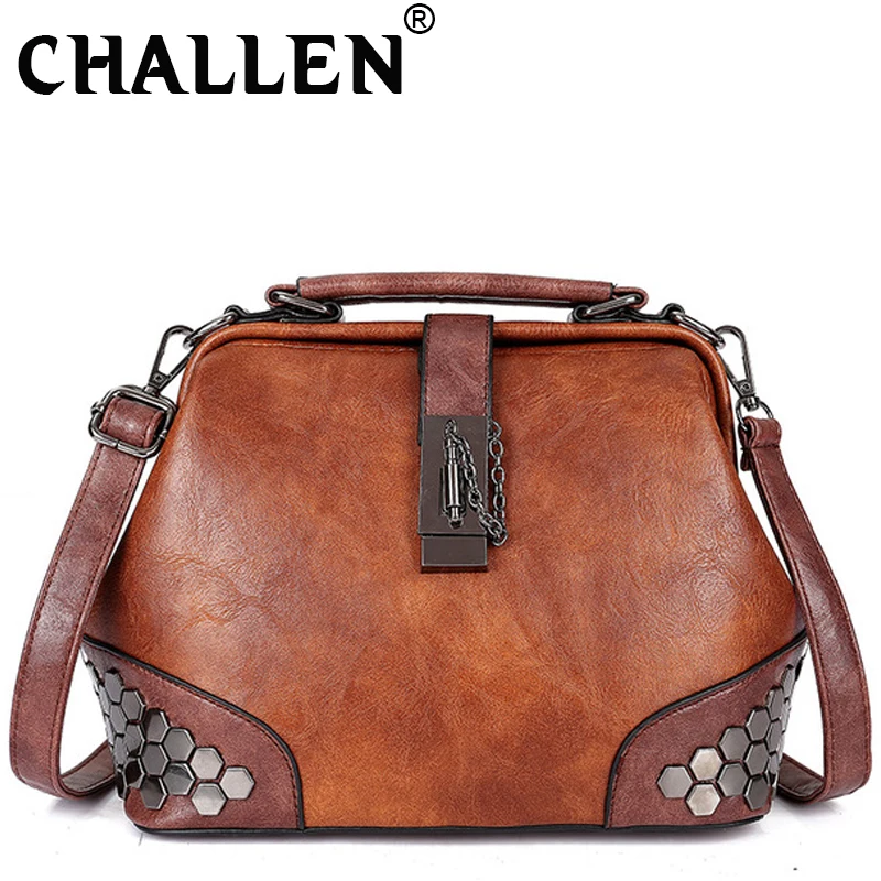 

Girls Vintage Small Doctor bucket Bag Women Shoulder Bag Female Crossbody Messenger Bags Rivets Women Handbag Leather BGA-46